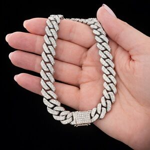 Cuban Miami Chain Link Necklace 20” 14mm Silver Tone CZ Stones Bling Boz Clamp